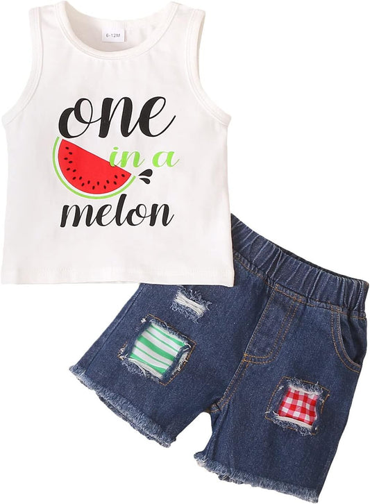 Kids Toddler Boy Clothes Casual Sleeveless Watermelon Print Hole Jeans Shorts Pants 2Pcs Outfits Set Summer Clothing (White, 3 Years)
