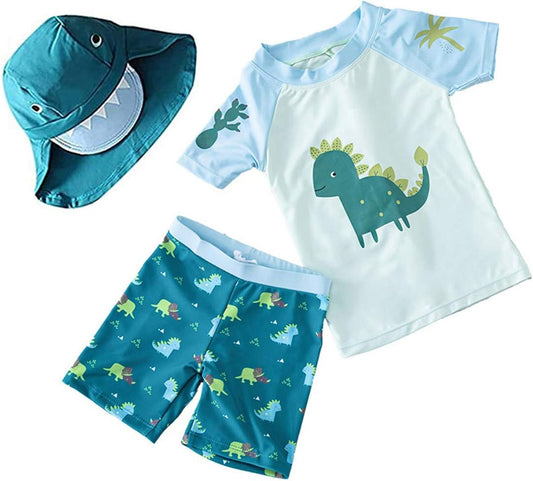 Baby Toddler Boys 3-Pieces Swimsuit Sets Blue Shark Bathing Suit Rash Guards Sunsuit Swimwear with Hat UPF 50+ FBA