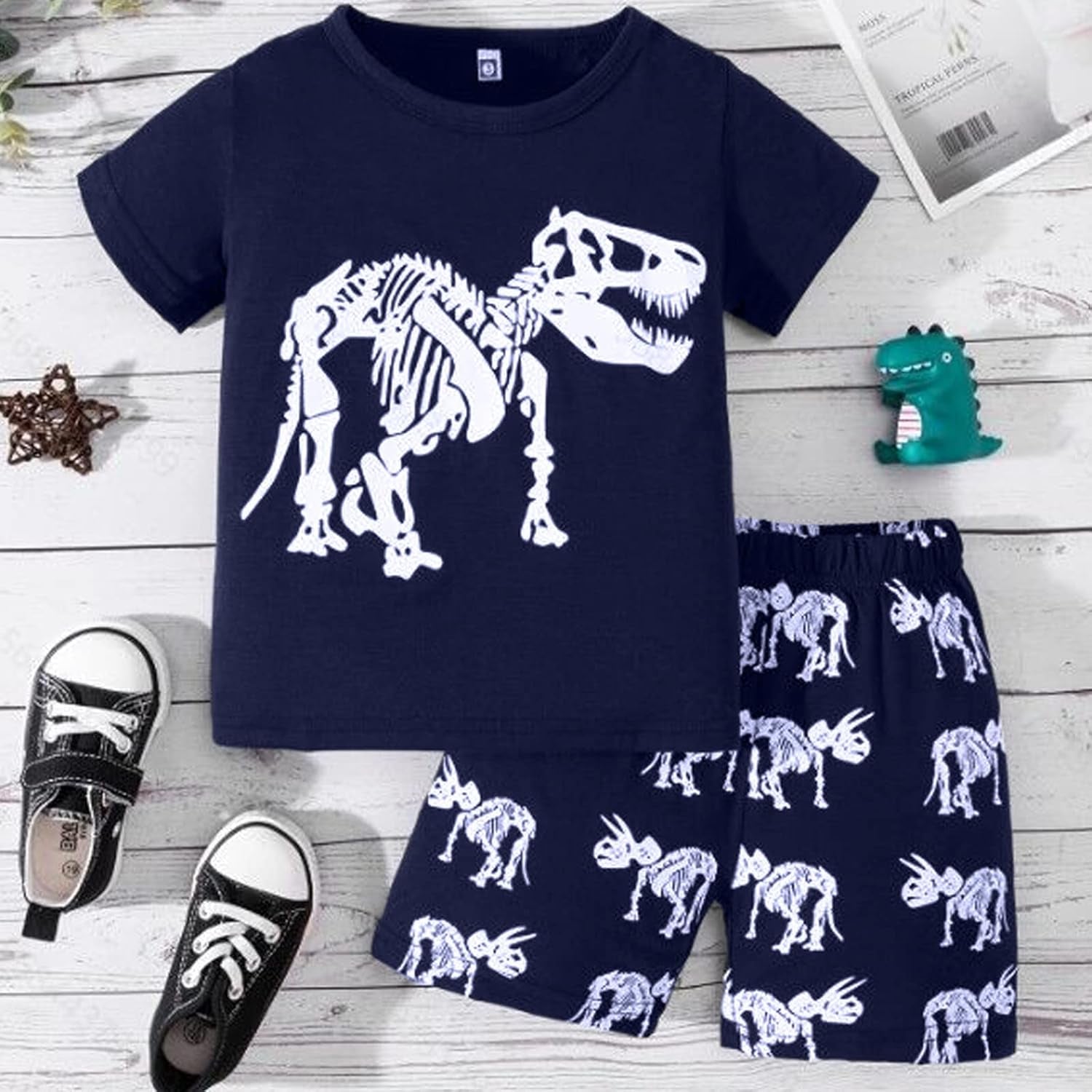 2023 Toddler Kids Boys Summer Short Sleeve Dinosaur T Shirts Tops Shorts Outfits Clothes Set 2 to 7 (1-White, 7 Years)