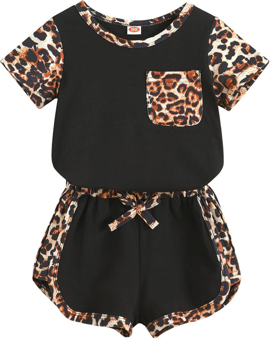 Toddler Infant Baby Girls Summer Outfits Leopard Print Short Sleeve Pocket T-Shirt Tops Pants Clothes Sets