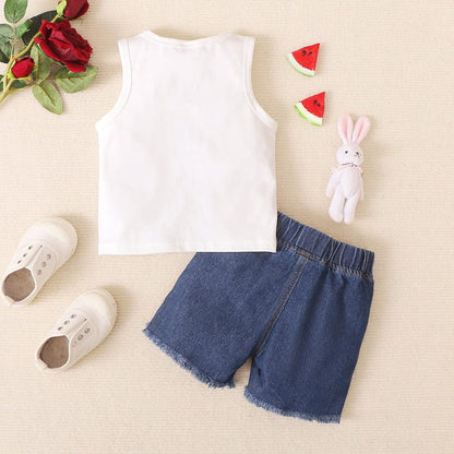 Kids Toddler Boy Clothes Casual Sleeveless Watermelon Print Hole Jeans Shorts Pants 2Pcs Outfits Set Summer Clothing (White, 3 Years)
