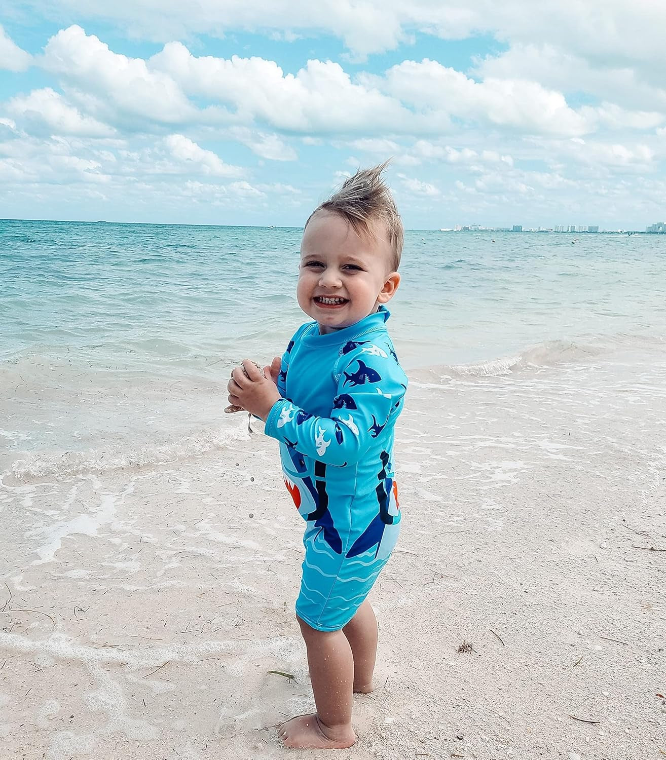 Baby Boys Swimsuit Summer Beach Rash Guard Swimwear One Piece Sunsuit with Sun Hat 3-24 Months