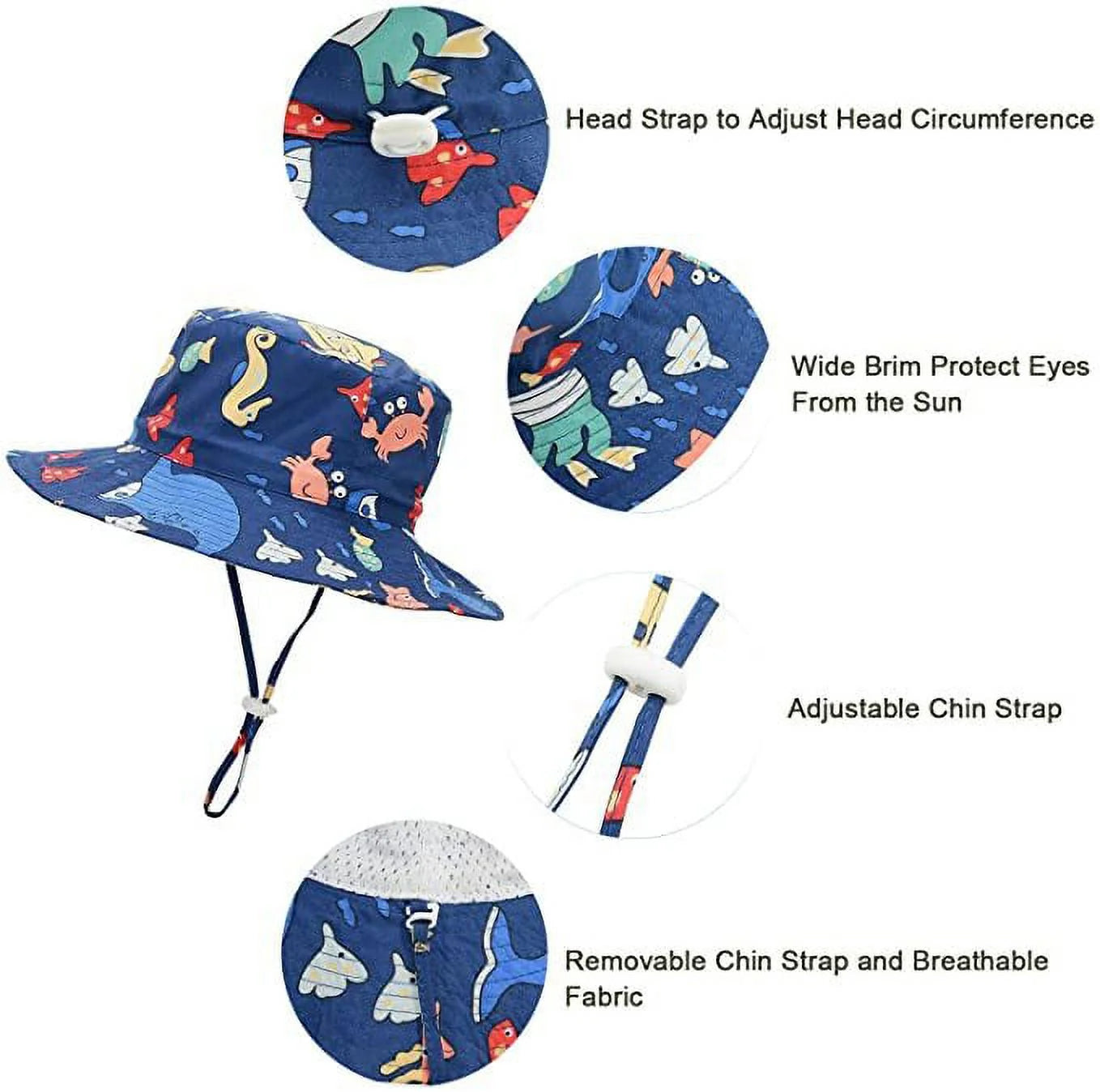 UPF 50+ Sun Protection Sun Hats Wide Brim Beach Bucket Hats for Baby Boys Girls Cute Toddler Hats Navy Dinosaur S