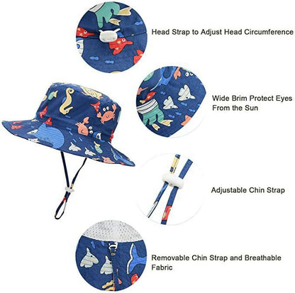 UPF 50+ Sun Protection Sun Hats Wide Brim Beach Bucket Hats for Baby Boys Girls Cute Toddler Hats Navy Dinosaur S