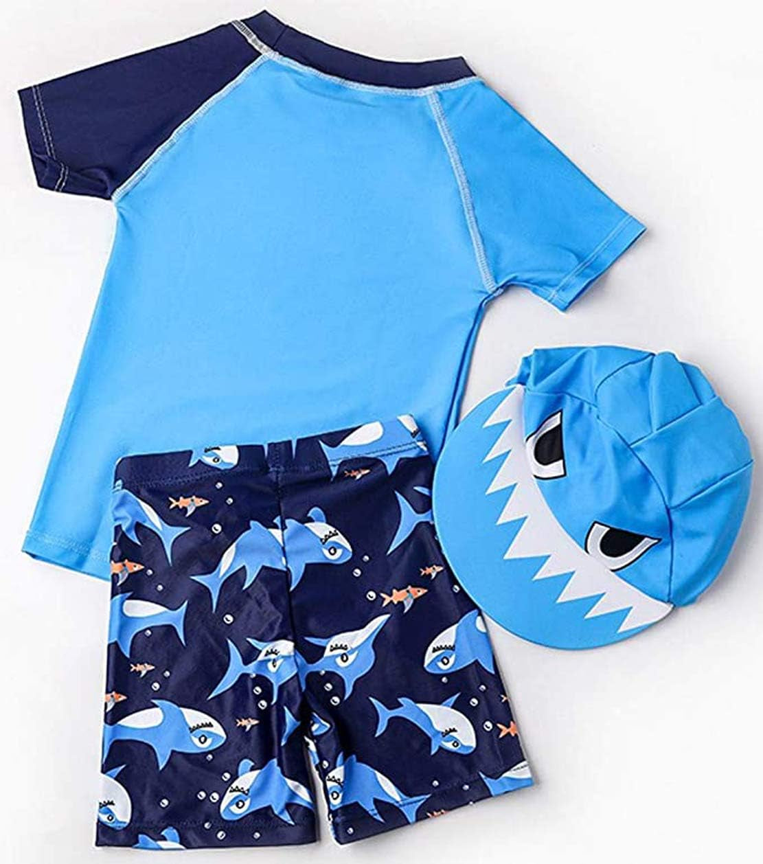 Baby Toddler Boys 3-Pieces Swimsuit Sets Blue Shark Bathing Suit Rash Guards Sunsuit Swimwear with Hat UPF 50+ FBA