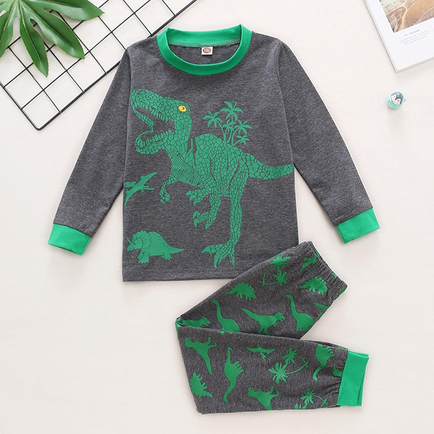 Kids Clothes Set,1-8Years Old Kids Boys Girls Long Sleeve Dinosaur Printed Top and Pants Set Outfit (Dark Gray-02#, 3-4 Years)