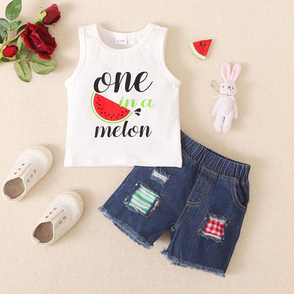 Kids Toddler Boy Clothes Casual Sleeveless Watermelon Print Hole Jeans Shorts Pants 2Pcs Outfits Set Summer Clothing (White, 3 Years)