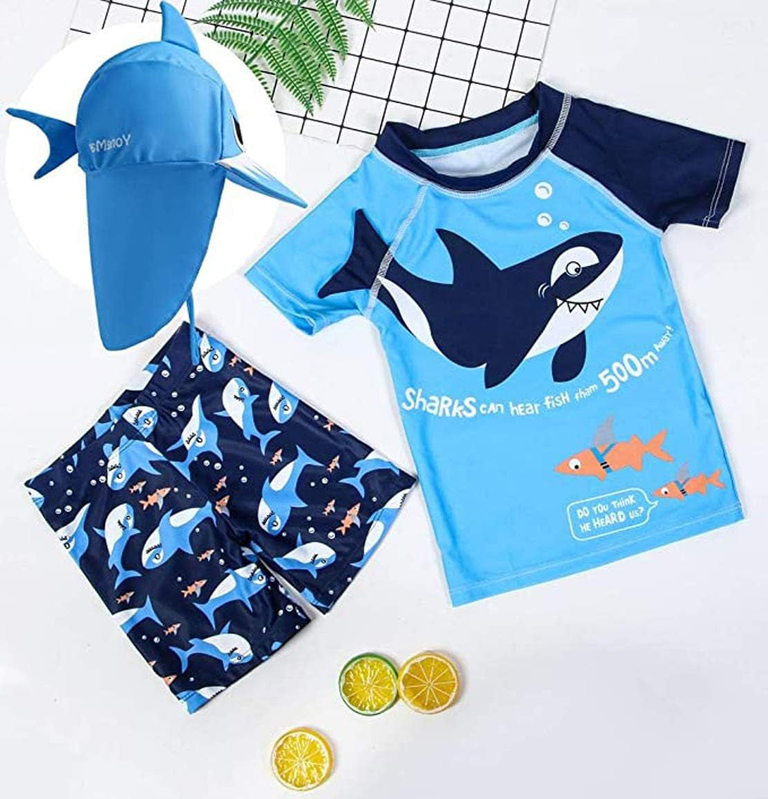 Baby Toddler Boys 3-Pieces Swimsuit Sets Blue Shark Bathing Suit Rash Guards Sunsuit Swimwear with Hat UPF 50+ FBA