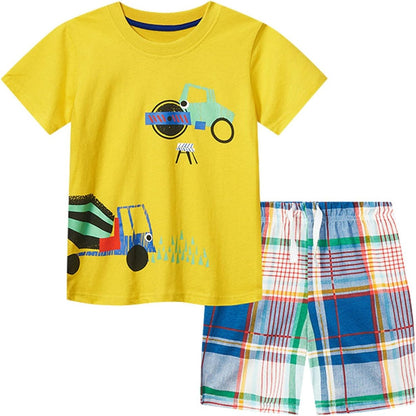 Cute Children Clothes Set 1 to 7 Years Summer Boy'S Short Sleeve Shorts Car Pattern Two Piece (Yellow, 5-6 Years)
