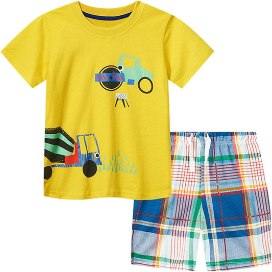 Cute Children Clothes Set 1 to 7 Years Summer Boy'S Short Sleeve Shorts Car Pattern Two Piece (Yellow, 5-6 Years)