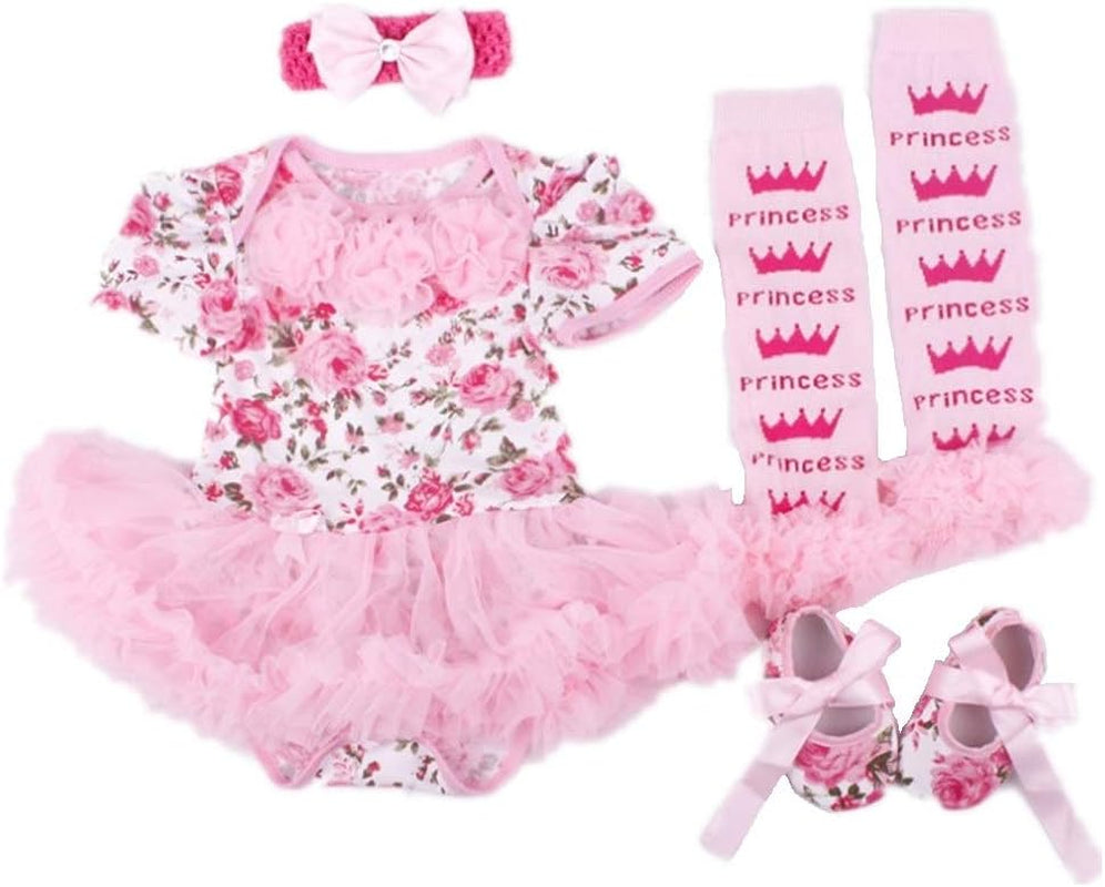 Baby Girl 4Pcs Clothes Suits Princess Floral Tutu Lace Dress Leg Warmer Shoe Headband Set