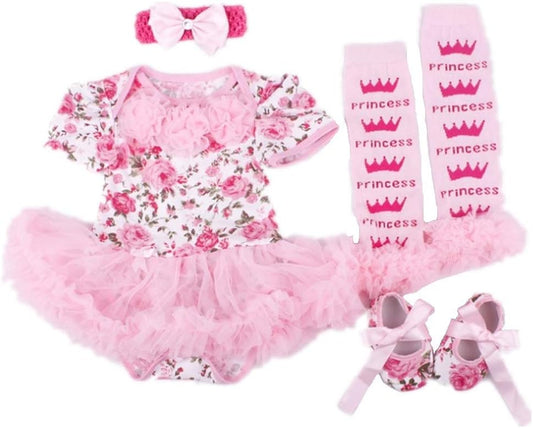 Baby Girl 4Pcs Clothes Suits Princess Floral Tutu Lace Dress Leg Warmer Shoe Headband Set