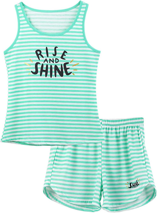 Girls Tank Top Pajamas – Size 6 8 10 12 14 16 18 Summer Shorts Stripe PJS Set Big Kids Clothes for Tween/Teens