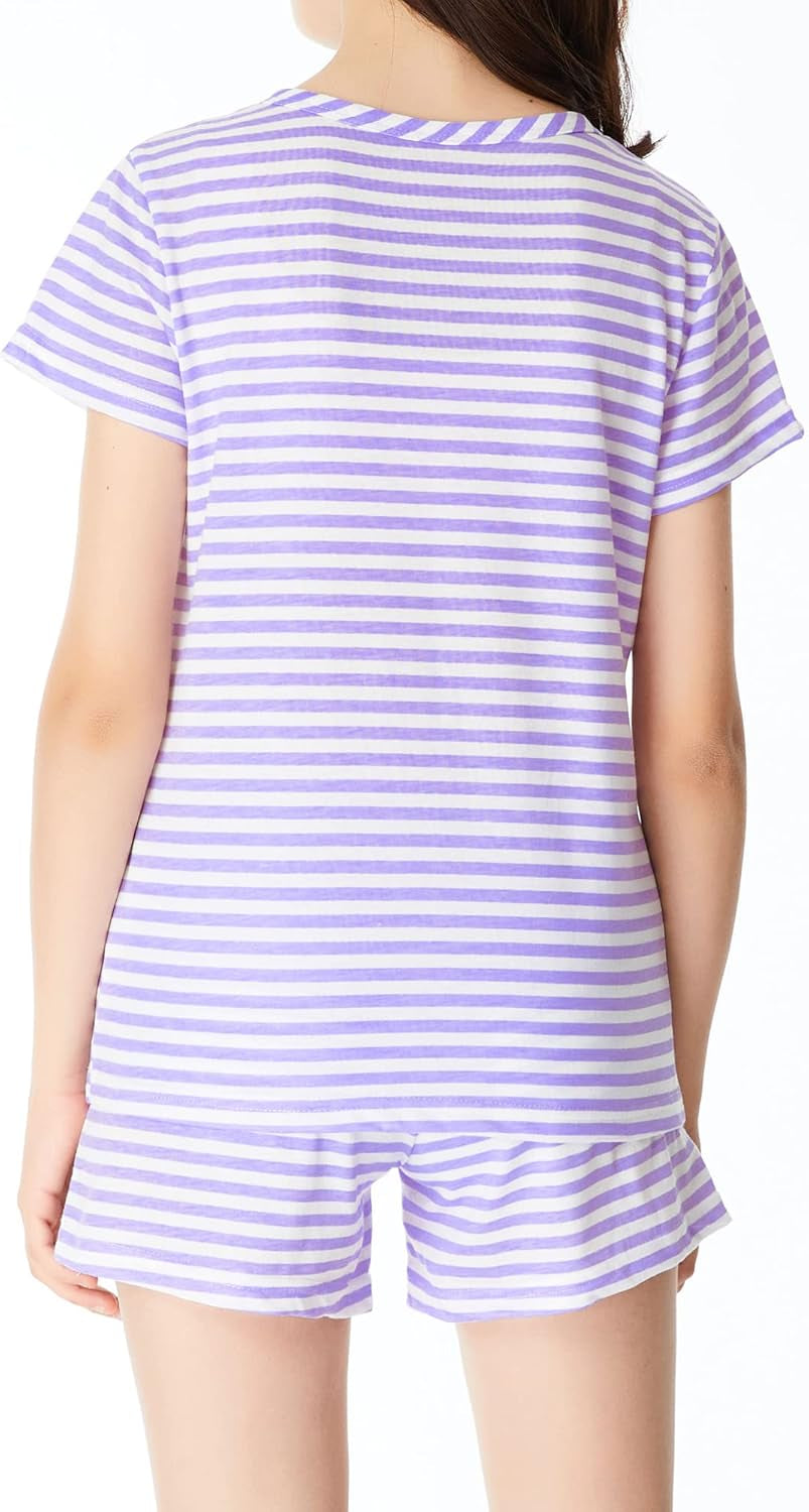 Summer Pajamas for Girls – Stripe & Glittering Heart PJS Pal Cute Jammies Set Big Kids Size 4T-18