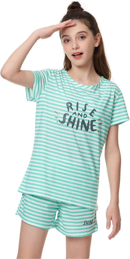 Summer Pajamas for Girls – Stripe & Glittering Heart PJS Pal Cute Jammies Set Big Kids Size 4T-18