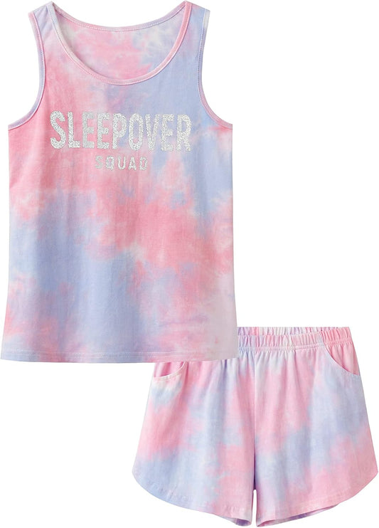 Tie Dye Pajamas for Girls - 100% Cotton Glitter Butterfly Cat Summer Short Sleeve PJ Set Tween Clothes Size 4T - 18