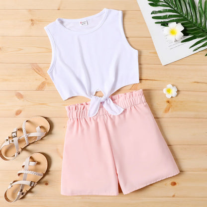 2Pcs Kid Girl Tie Knot Sleeveless Tee and Elasticized Paperbag Shorts Set