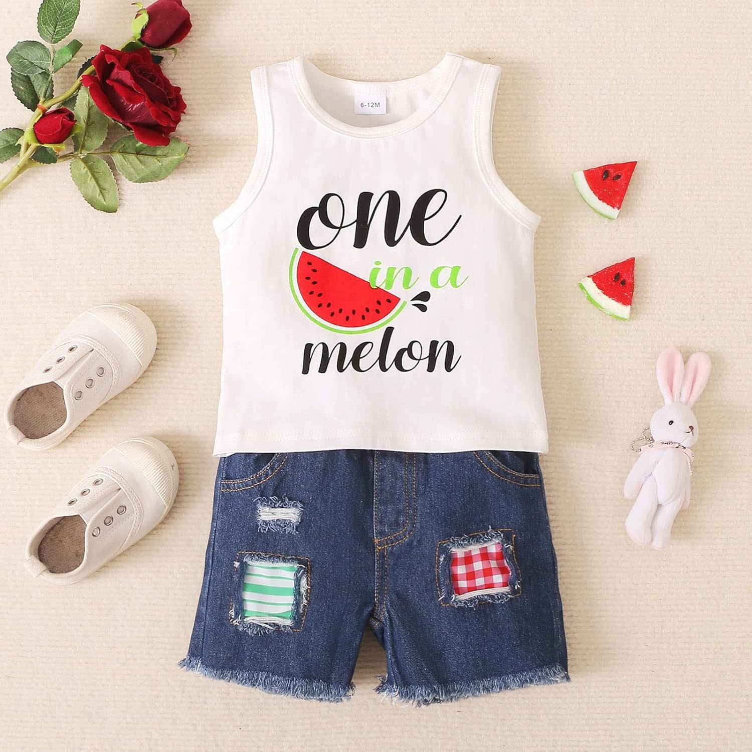 Kids Toddler Boy Clothes Casual Sleeveless Watermelon Print Hole Jeans Shorts Pants 2Pcs Outfits Set Summer Clothing (White, 3 Years)