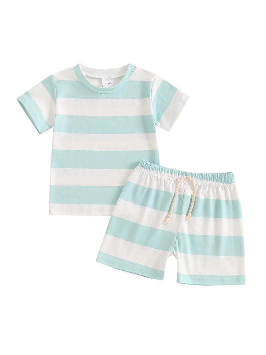 Baby Toddler Boys Summer Outfits Striped Print Short Sleeves T-Shirt and Elastic Shorts Set for 2 Piece Vacation Clothes Set 6M-4T