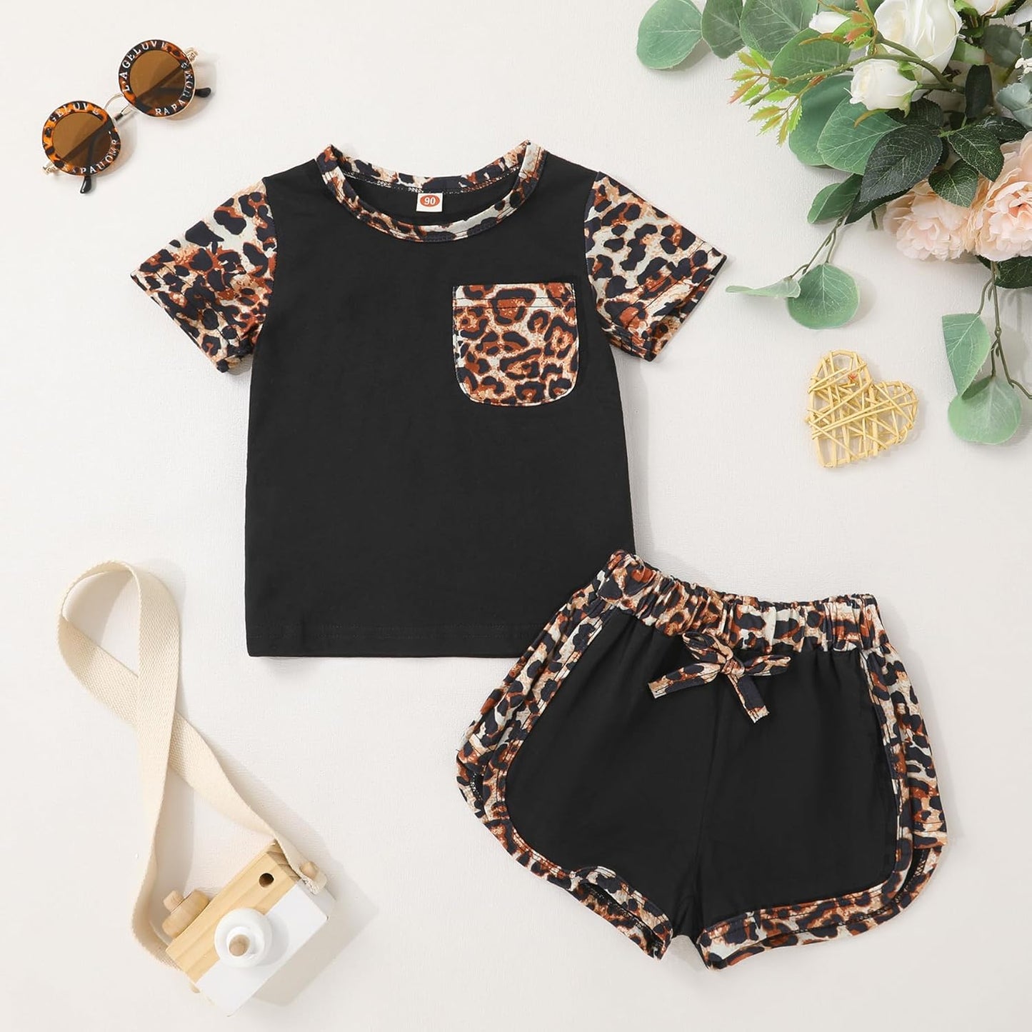 Toddler Infant Baby Girls Summer Outfits Leopard Print Short Sleeve Pocket T-Shirt Tops Pants Clothes Sets
