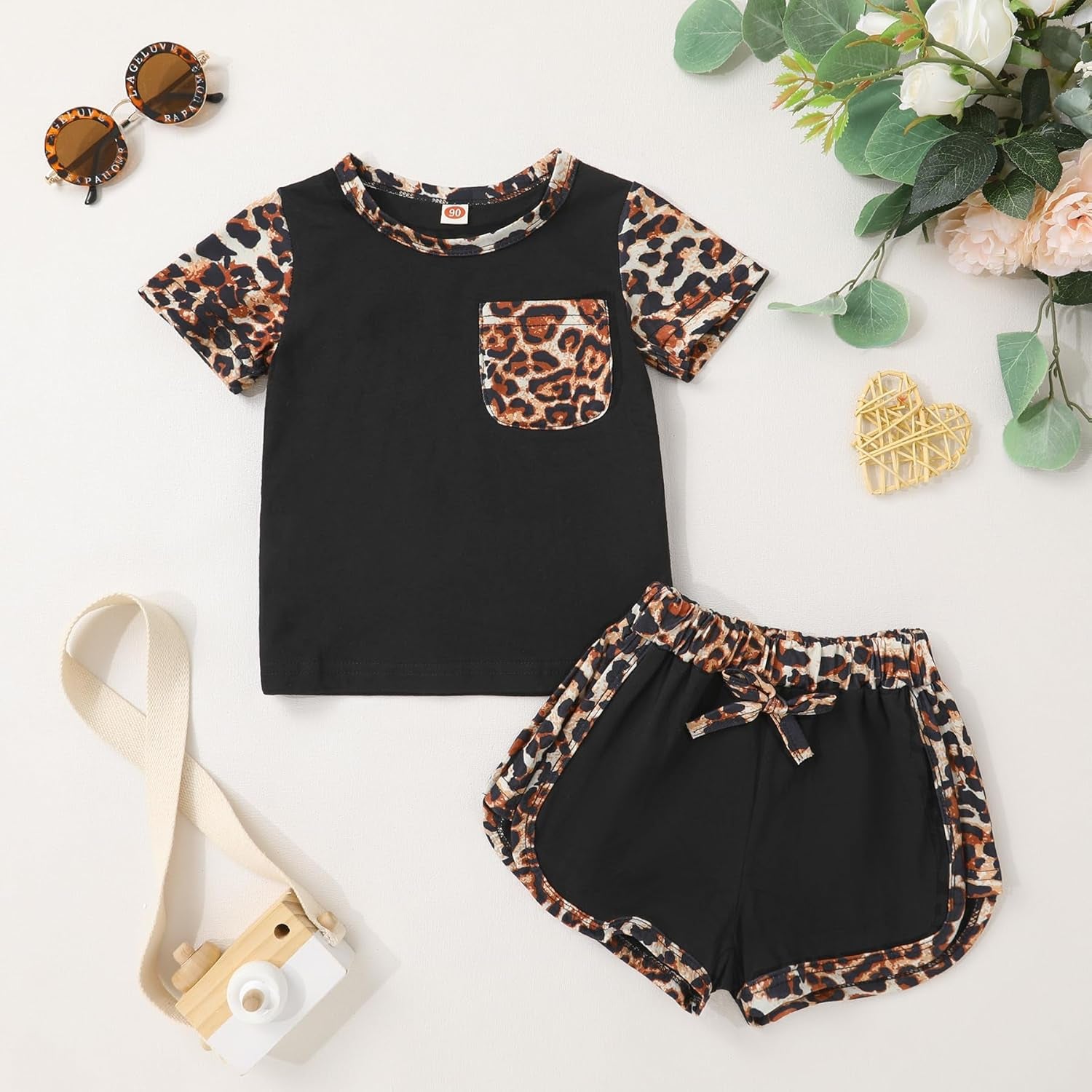 Toddler Infant Baby Girls Summer Outfits Leopard Print Short Sleeve Pocket T-Shirt Tops Pants Clothes Sets