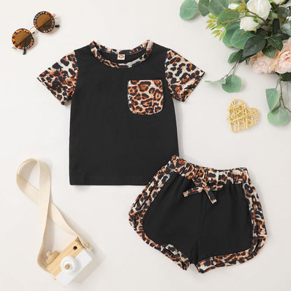 Toddler Infant Baby Girls Summer Outfits Leopard Print Short Sleeve Pocket T-Shirt Tops Pants Clothes Sets
