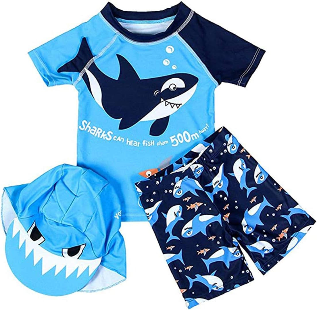 Baby Toddler Boys 3-Pieces Swimsuit Sets Blue Shark Bathing Suit Rash Guards Sunsuit Swimwear with Hat UPF 50+ FBA