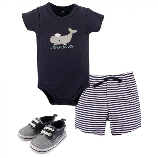 Infant Boy Cotton Bodysuit, Shorts and Shoe 3Pc Set, Sailor Whale, 0-3 Months