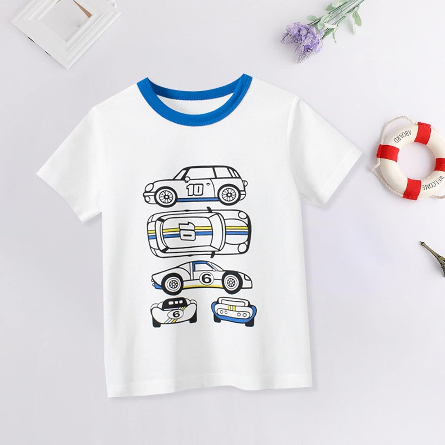 Cute Children Clothes Set for Toddler Boys' Short Sleeve Tees Cotton Casual Racing Car Graphic (Blue, 9-10 Years)