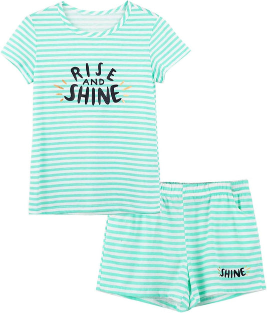 Summer Pajamas for Girls – Stripe & Glittering Heart PJS Pal Cute Jammies Set Big Kids Size 4T-18