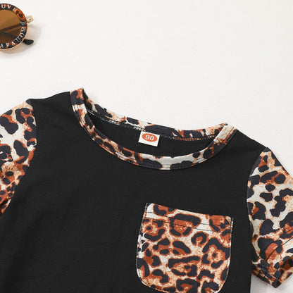 Toddler Infant Baby Girls Summer Outfits Leopard Print Short Sleeve Pocket T-Shirt Tops Pants Clothes Sets