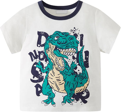 Cute Kids Clothes Set for Toddler Kids Baby Boys Summer Cartoon Cool Dinosaur Short Sleeve Crewneck (White, 9-10 Years)