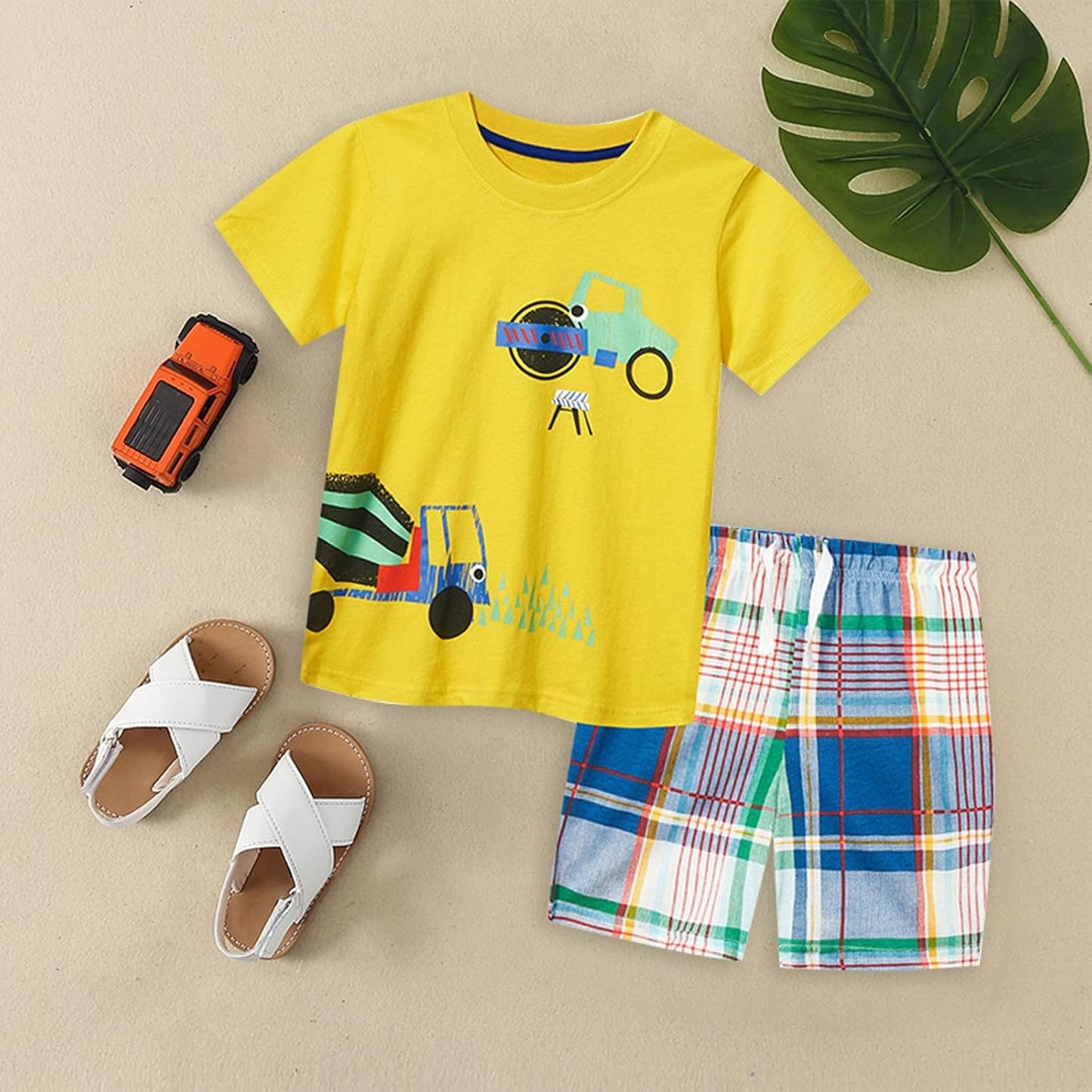 Cute Children Clothes Set 1 to 7 Years Summer Boy'S Short Sleeve Shorts Car Pattern Two Piece (Yellow, 5-6 Years)
