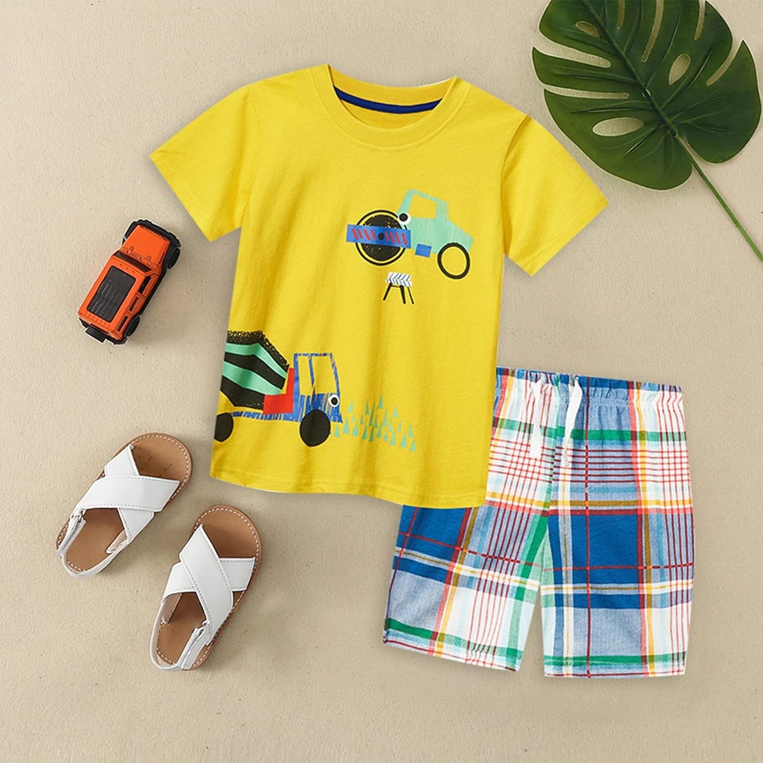 Cute Children Clothes Set 1 to 7 Years Summer Boy'S Short Sleeve Shorts Car Pattern Two Piece (Yellow, 5-6 Years)