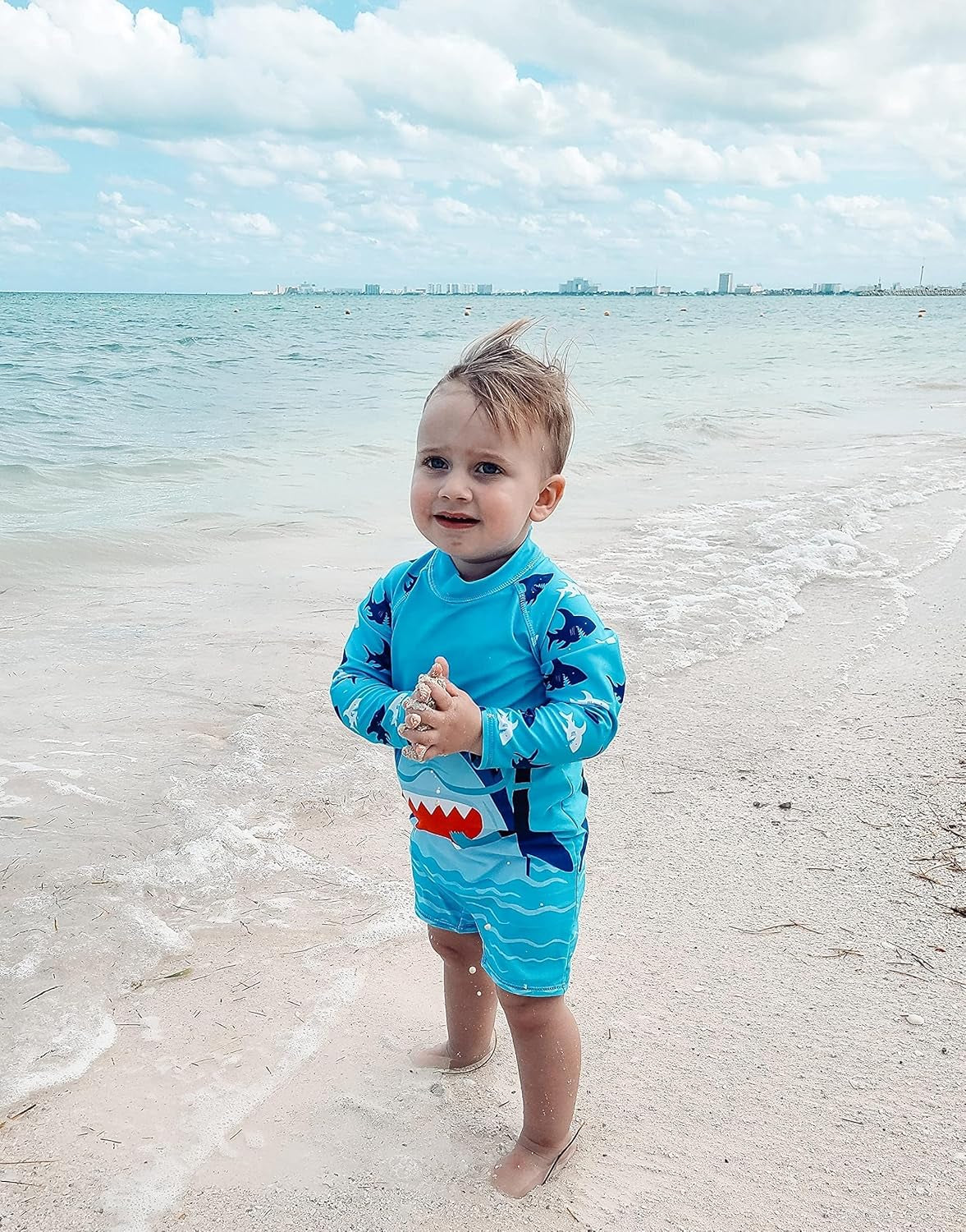 Baby Boys Swimsuit Summer Beach Rash Guard Swimwear One Piece Sunsuit with Sun Hat 3-24 Months