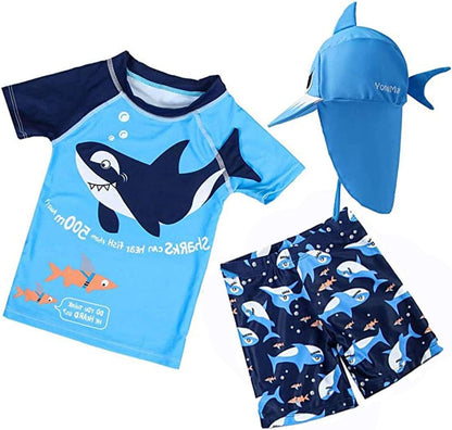 Baby Toddler Boys 3-Pieces Swimsuit Sets Blue Shark Bathing Suit Rash Guards Sunsuit Swimwear with Hat UPF 50+ FBA