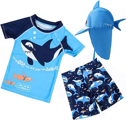 Baby Toddler Boys 3-Pieces Swimsuit Sets Blue Shark Bathing Suit Rash Guards Sunsuit Swimwear with Hat UPF 50+ FBA