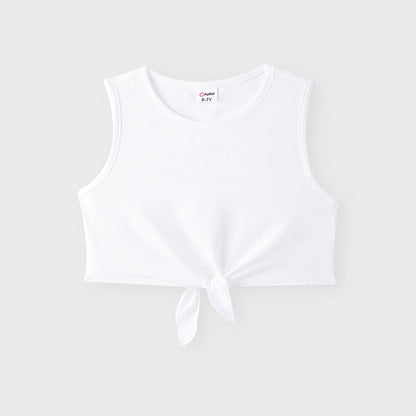 2Pcs Kid Girl Tie Knot Sleeveless Tee and Elasticized Paperbag Shorts Set