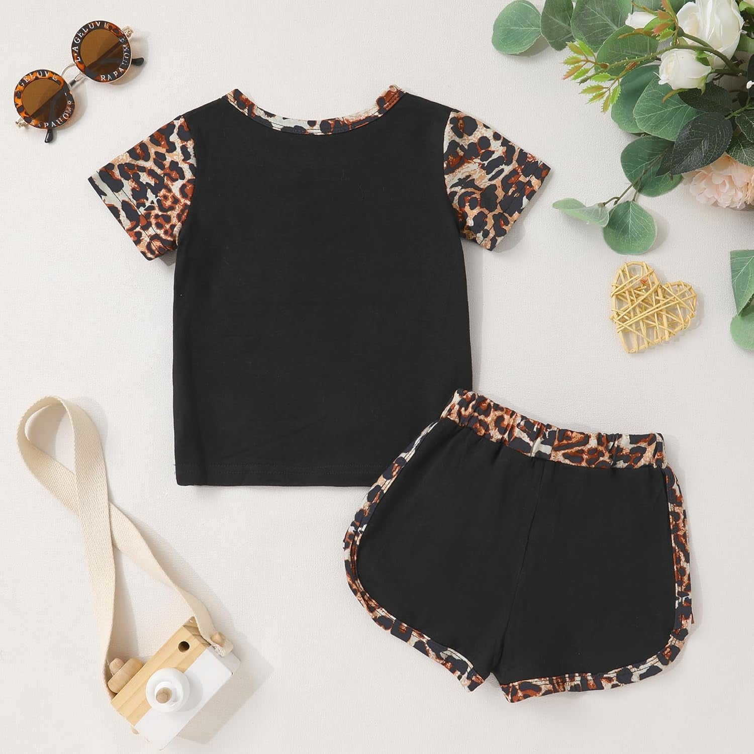 Toddler Infant Baby Girls Summer Outfits Leopard Print Short Sleeve Pocket T-Shirt Tops Pants Clothes Sets